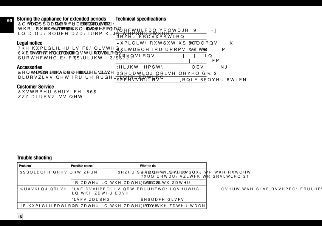 Air-O-Swiss AOS2055A manual Legal notice, Accessories Technical specifications, Customer Service, Trouble shooting 