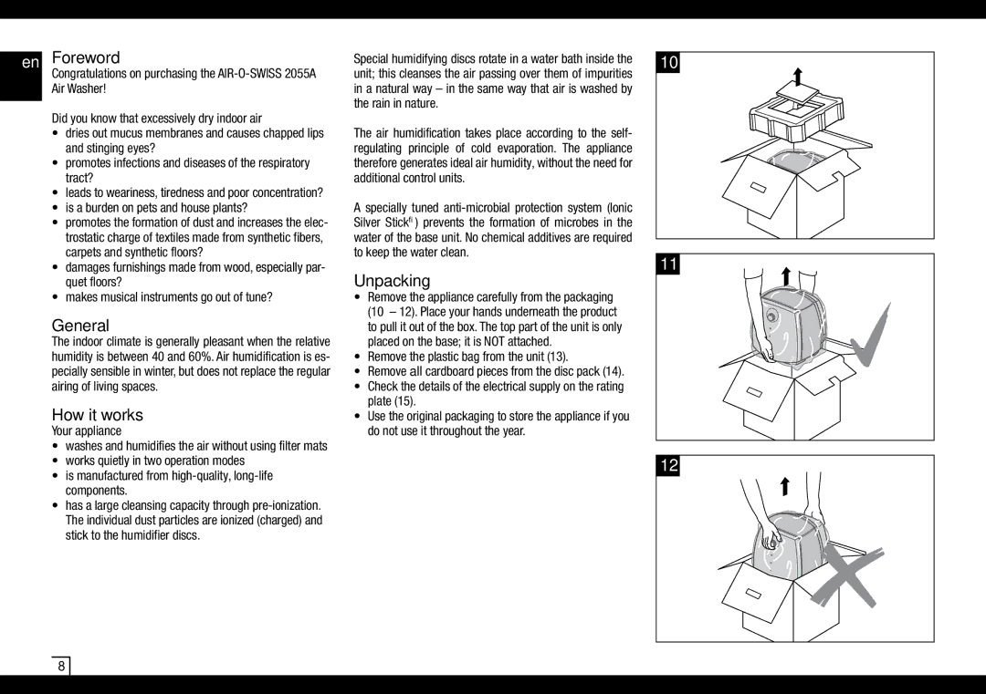 Air-O-Swiss AOS2055A manual Foreword, General, How it works, Unpacking 