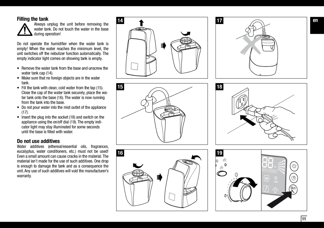 Air-O-Swiss AOSU600 manual Filling the tank, Do not use additives, Do not pour water into the mist outlet of the appliance 