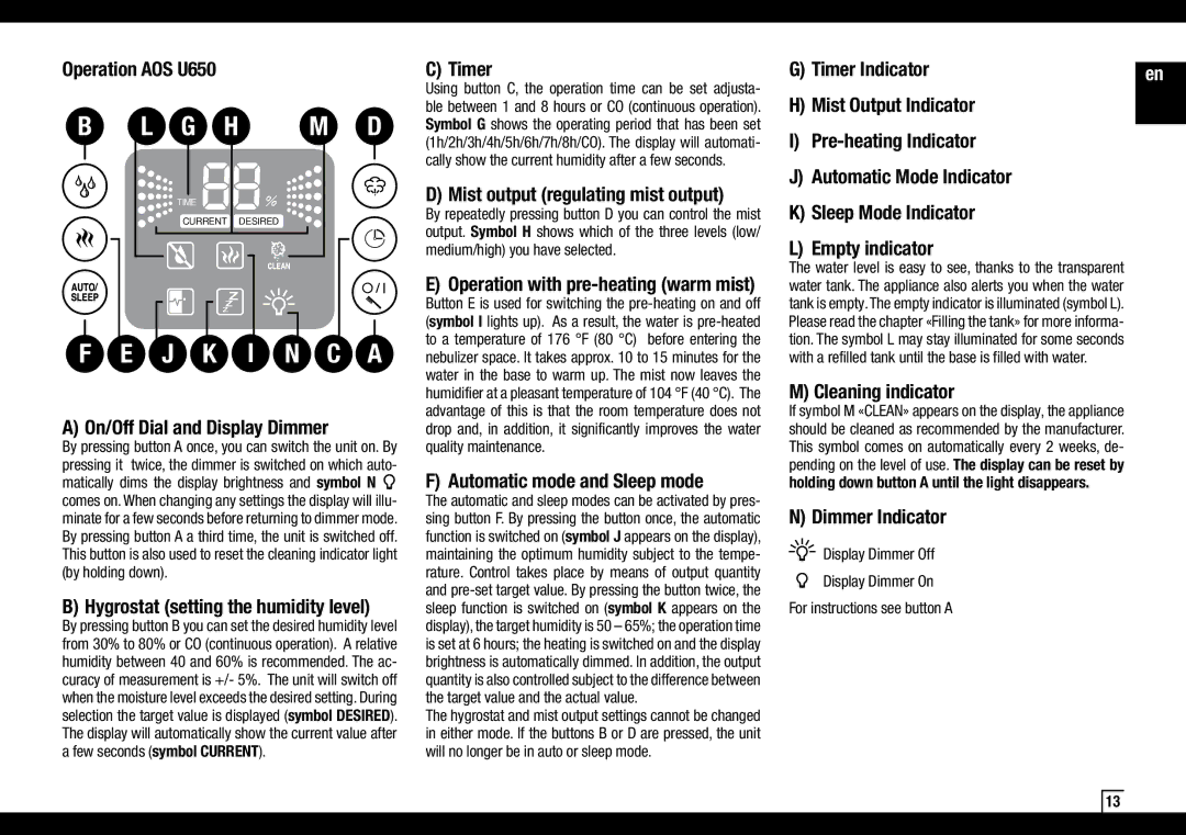 Air-O-Swiss AOSU600 manual Operation AOS U650, On/Off Dial and Display Dimmer, Timer, Mist output regulating mist output 