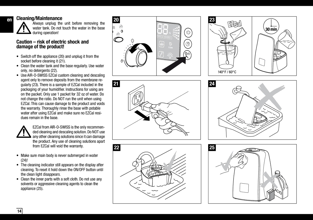 Air-O-Swiss AOSU600 manual En Cleaning/Maintenance, Make sure main body is never submerged in water 