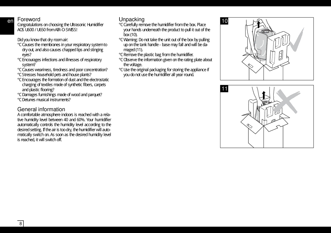 Air-O-Swiss AOSU600 manual Foreword, General information, Unpacking 