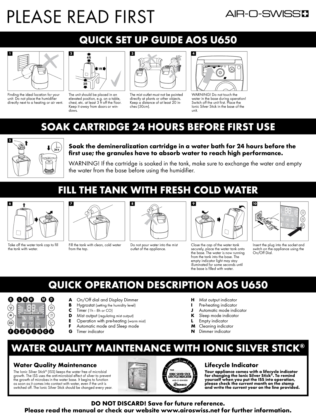 Air-O-Swiss AOSU650 setup guide Please Read First, Quick SET UP Guide AOS U650, Soak Cartridge 24 Hours Before First USE 