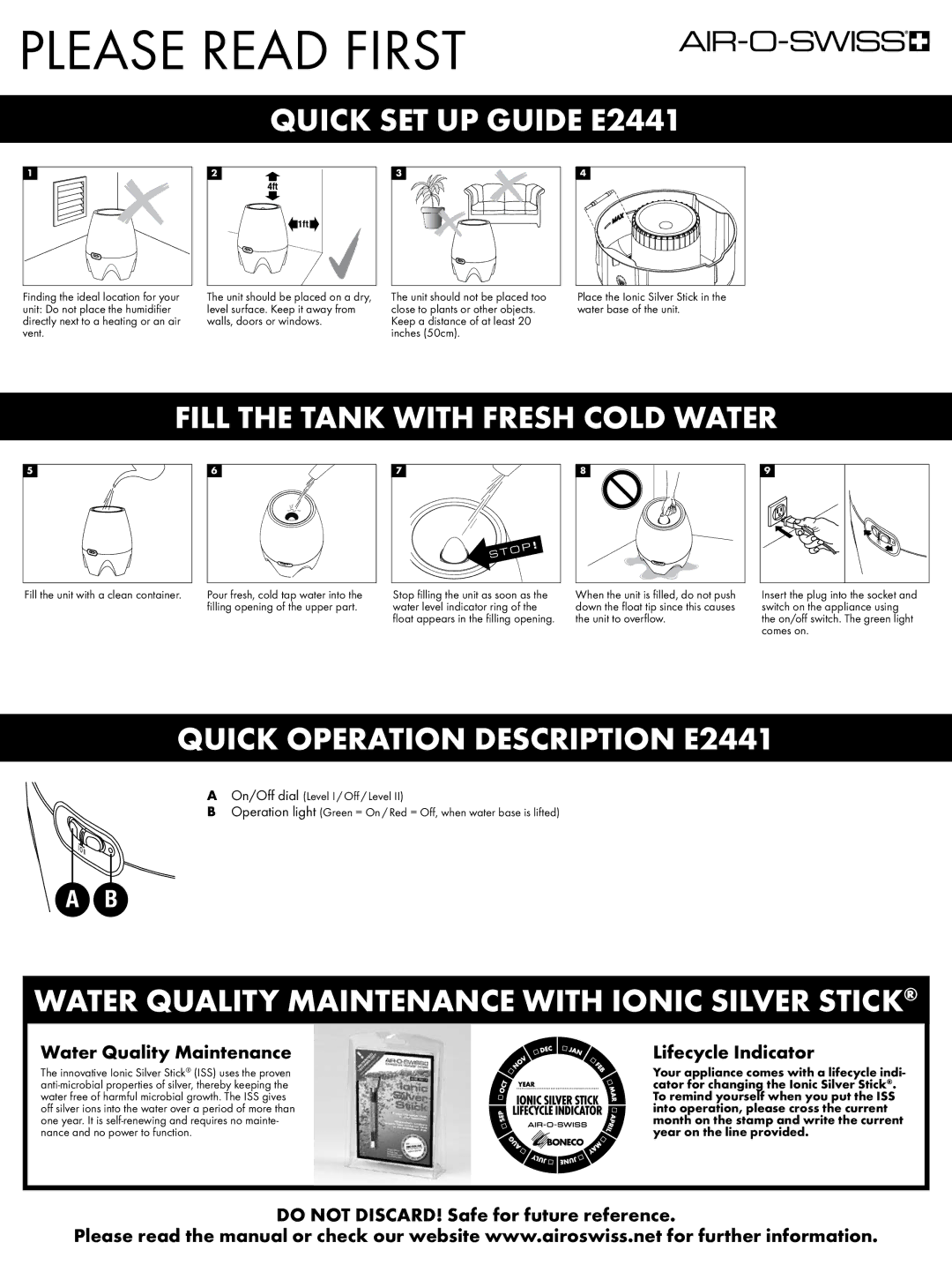 Air-O-Swiss setup guide Please Read First, Quick SET UP Guide E2441, Fill the Tank with Fresh Cold Water 