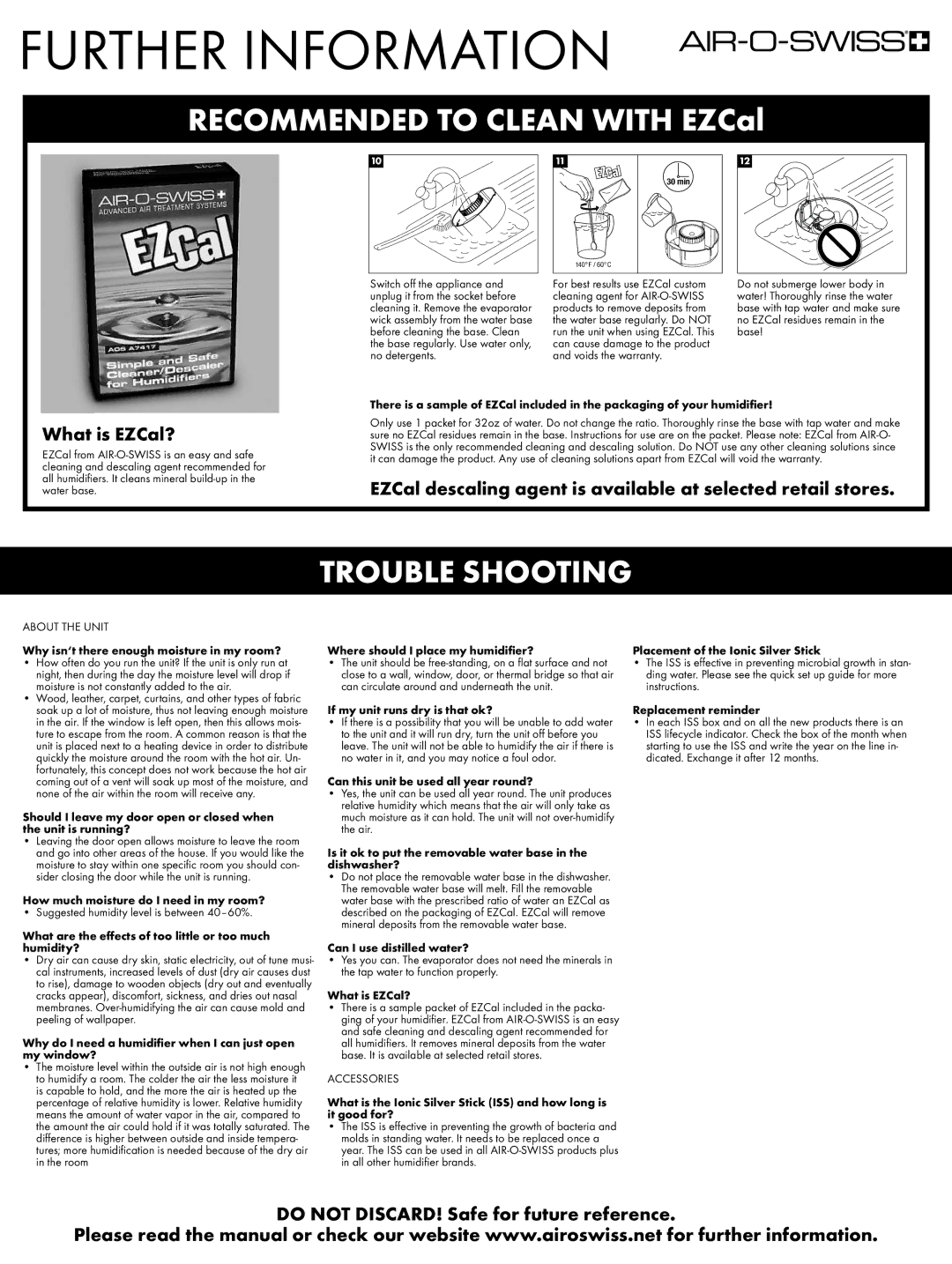 Air-O-Swiss E2441 setup guide Further Information, Trouble Shooting, What is EZCal? 