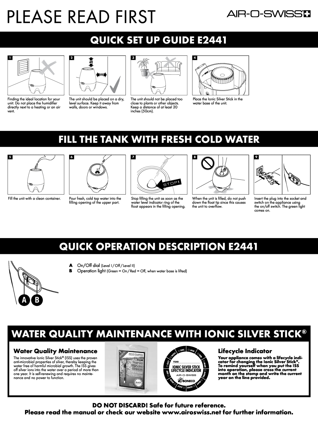Air-O-Swiss setup guide Please Read First, QUICK SET UP GUIDE E2441, Fill The Tank With Fresh Cold Water 