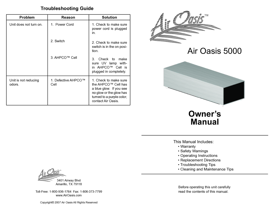 Air Oasis 5000 owner manual Troubleshooting Guide, Problem Reason Solution 