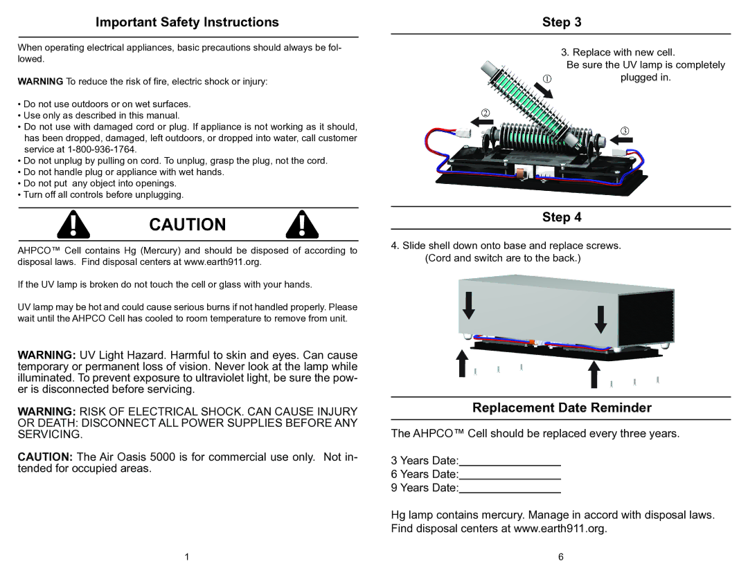 Air Oasis 5000 owner manual Important Safety Instructions, Step, Replacement Date Reminder 