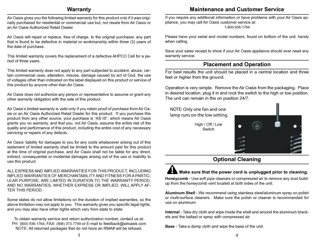 Air Oasis 5000 owner manual Warranty, Maintenance and Customer Service, Placement and Operation, Optional Cleaning 