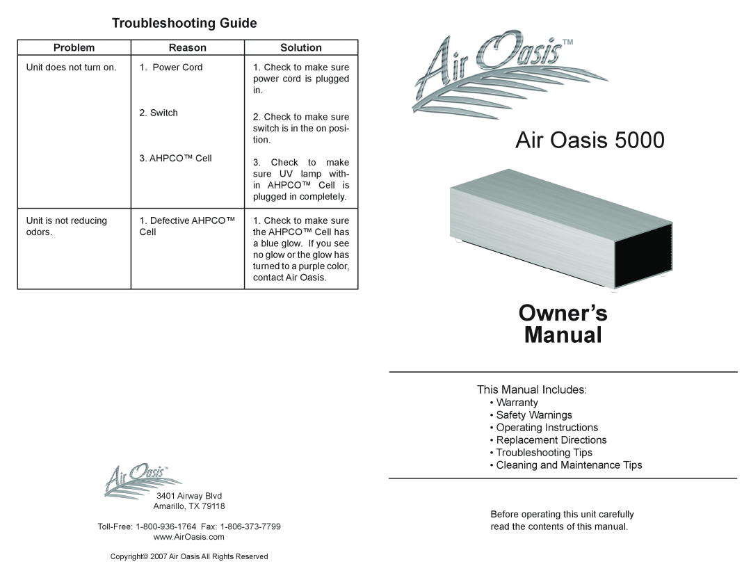 Air Oasis 5000 owner manual Troubleshooting Guide, Air Oasis, Problem, Reason, Solution 