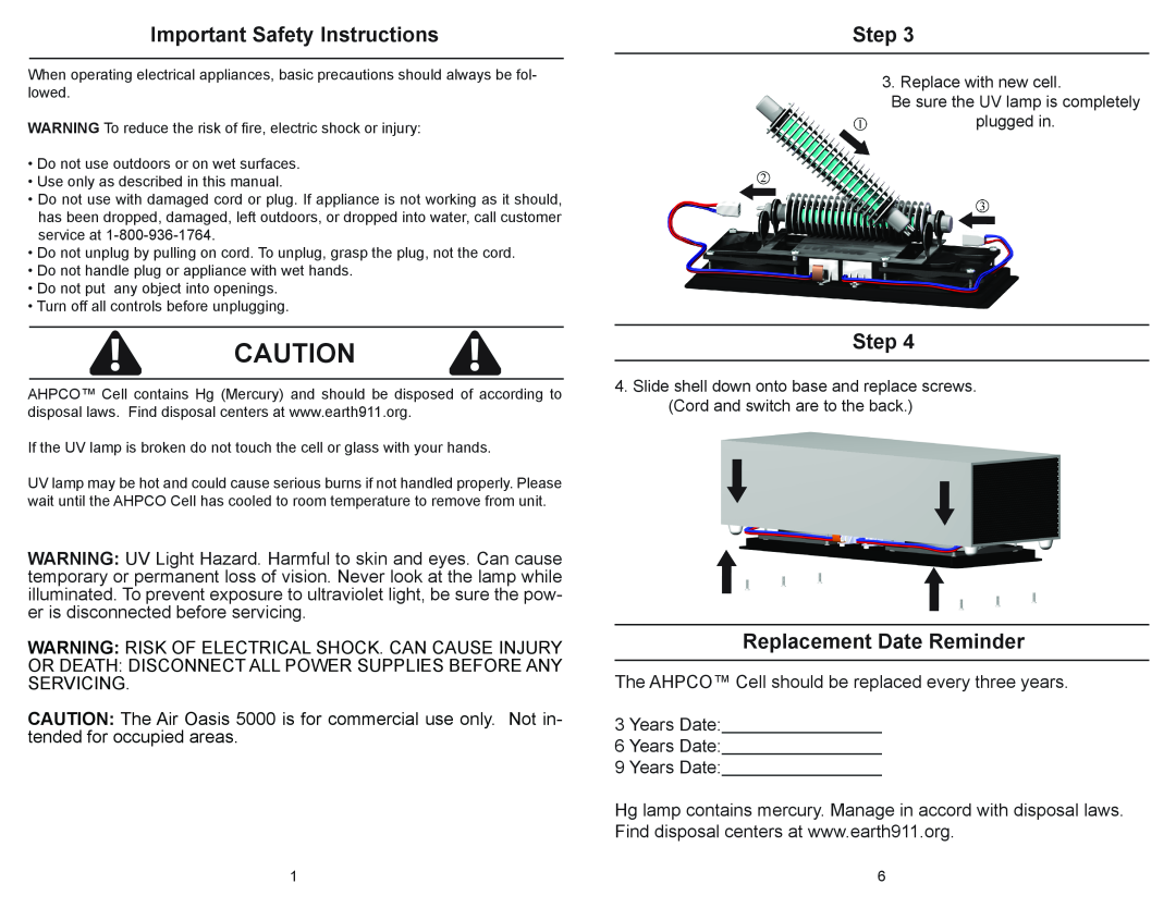 Air Oasis 5000 owner manual Important Safety Instructions, Step, Replacement Date Reminder 