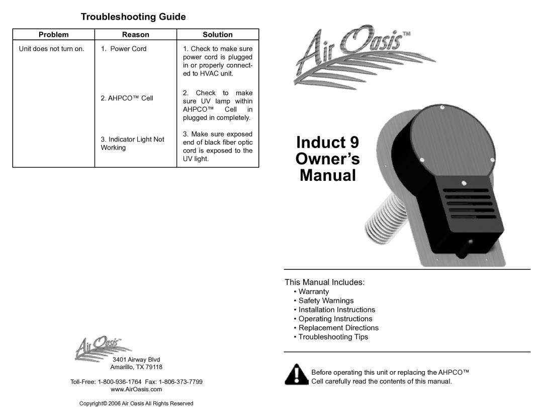 Air Oasis 9 owner manual Troubleshooting Guide, Problem Reason Solution 