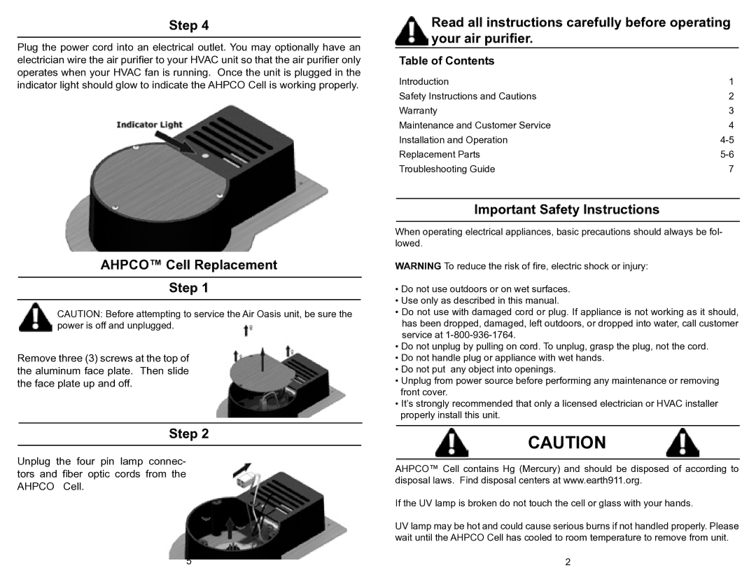 Air Oasis 9 owner manual Ahpco Cell Replacement Step, Important Safety Instructions 