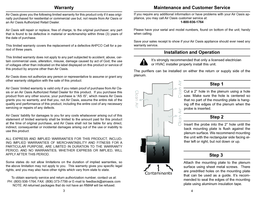 Air Oasis 9 owner manual Warranty, Maintenance and Customer Service, Installation and Operation 