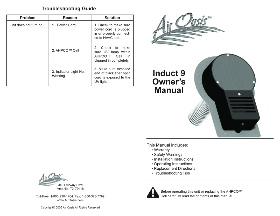 Air Oasis 9 owner manual Troubleshooting Guide, Problem, Reason, Solution 