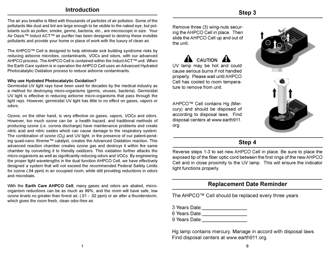 Air Oasis 9 owner manual Introduction, Step, Replacement Date Reminder 