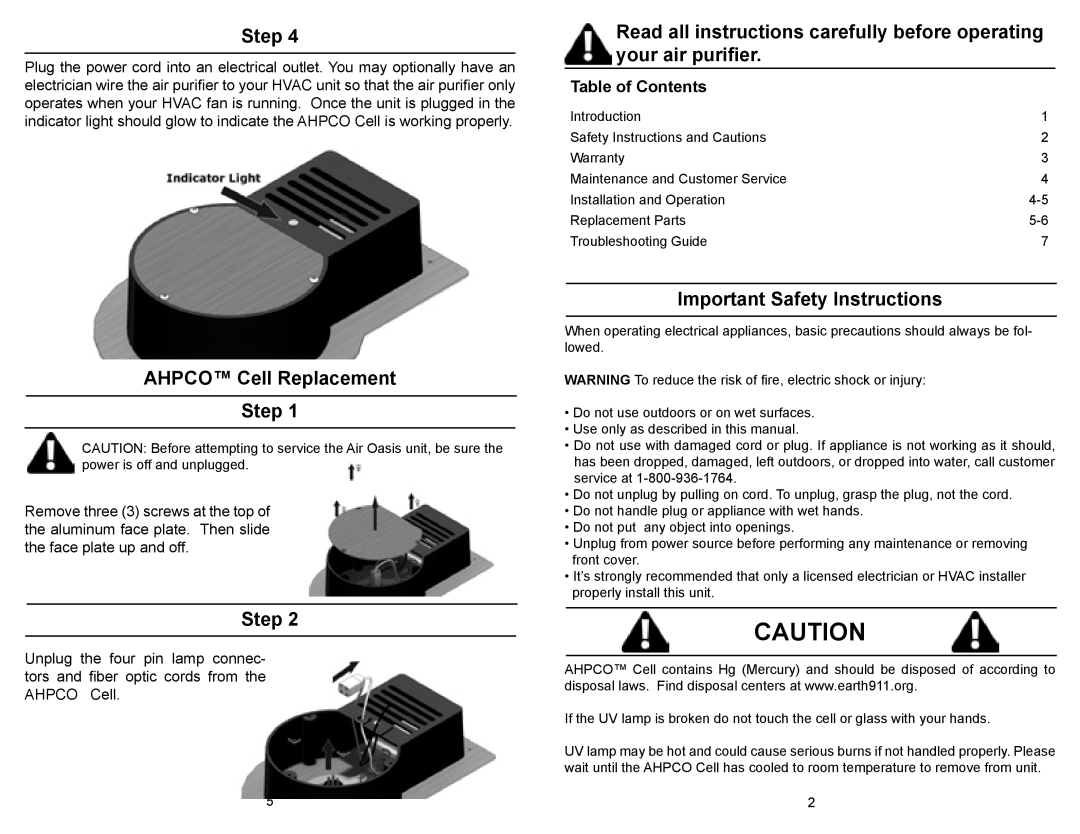 Air Oasis 9 owner manual AHPCO Cell Replacement Step, Important Safety Instructions, Table of Contents 