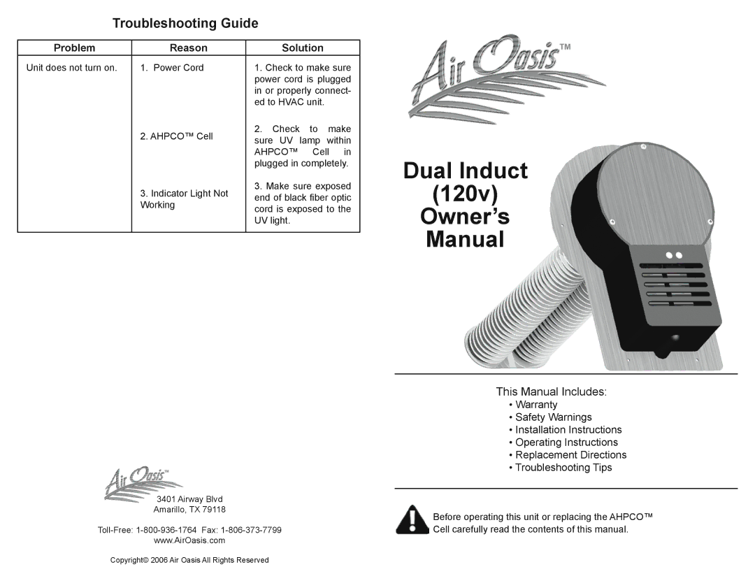 Air Oasis Dual Induct (120v) owner manual Troubleshooting Guide, Problem Reason Solution 