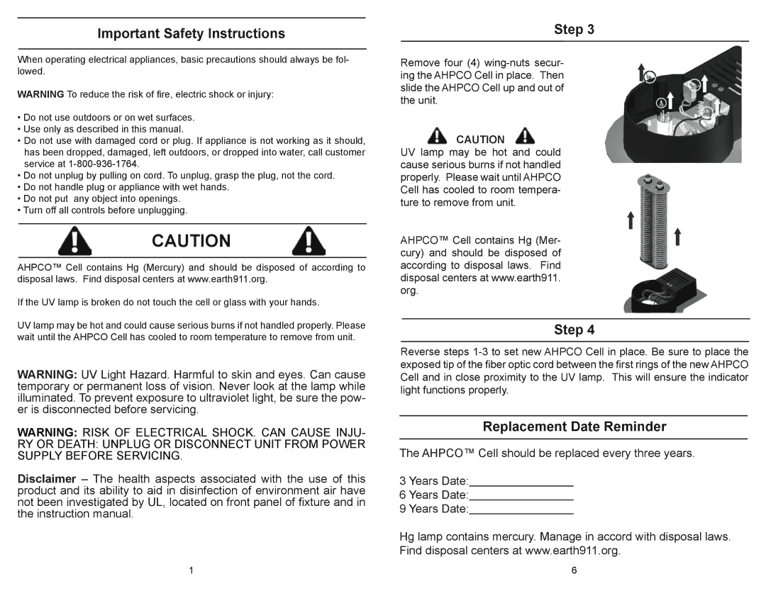 Air Oasis Dual Induct (120v) owner manual Important Safety Instructions, Step, Replacement Date Reminder 