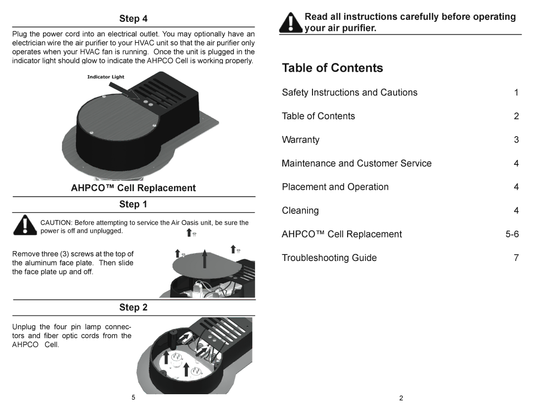 Air Oasis Dual Induct (120v) owner manual Table of Contents 