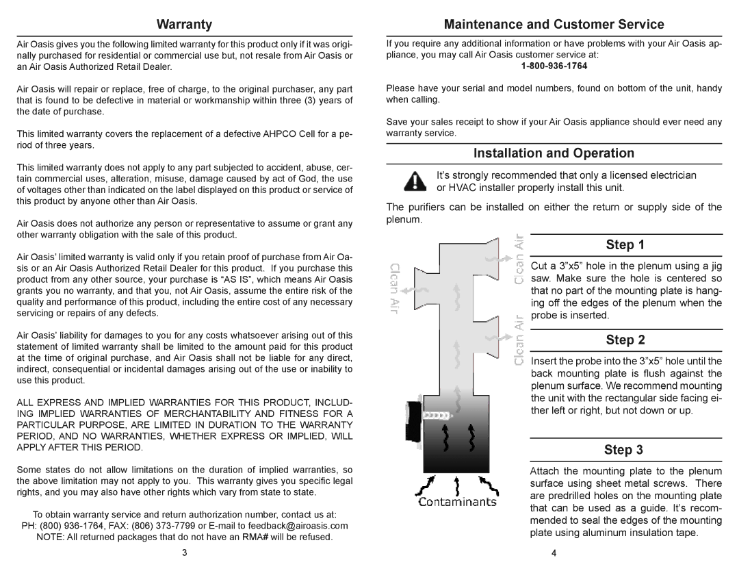 Air Oasis Dual Induct (120v) owner manual Warranty, Maintenance and Customer Service, Installation and Operation 