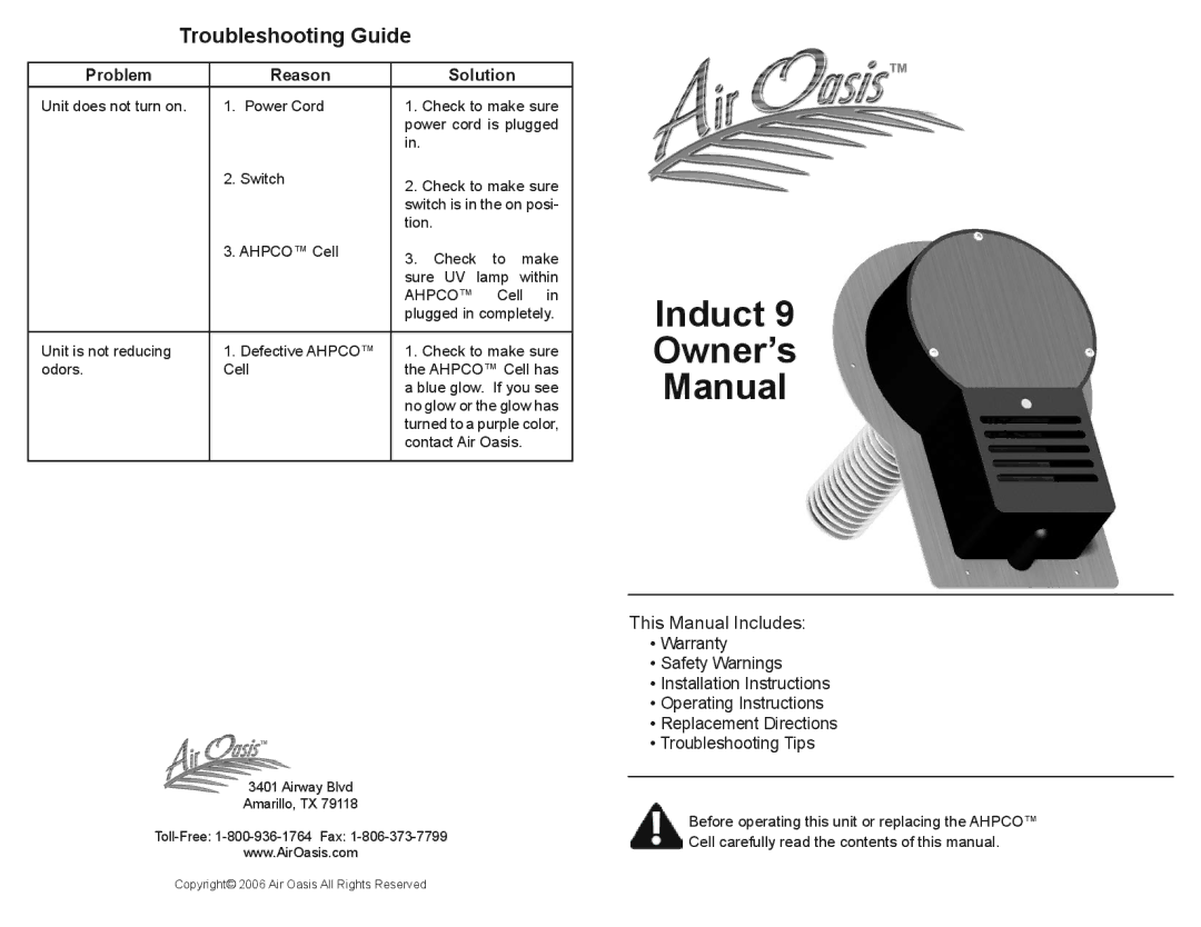 Air Oasis Induct 9 owner manual Troubleshooting Guide, Problem Reason Solution 