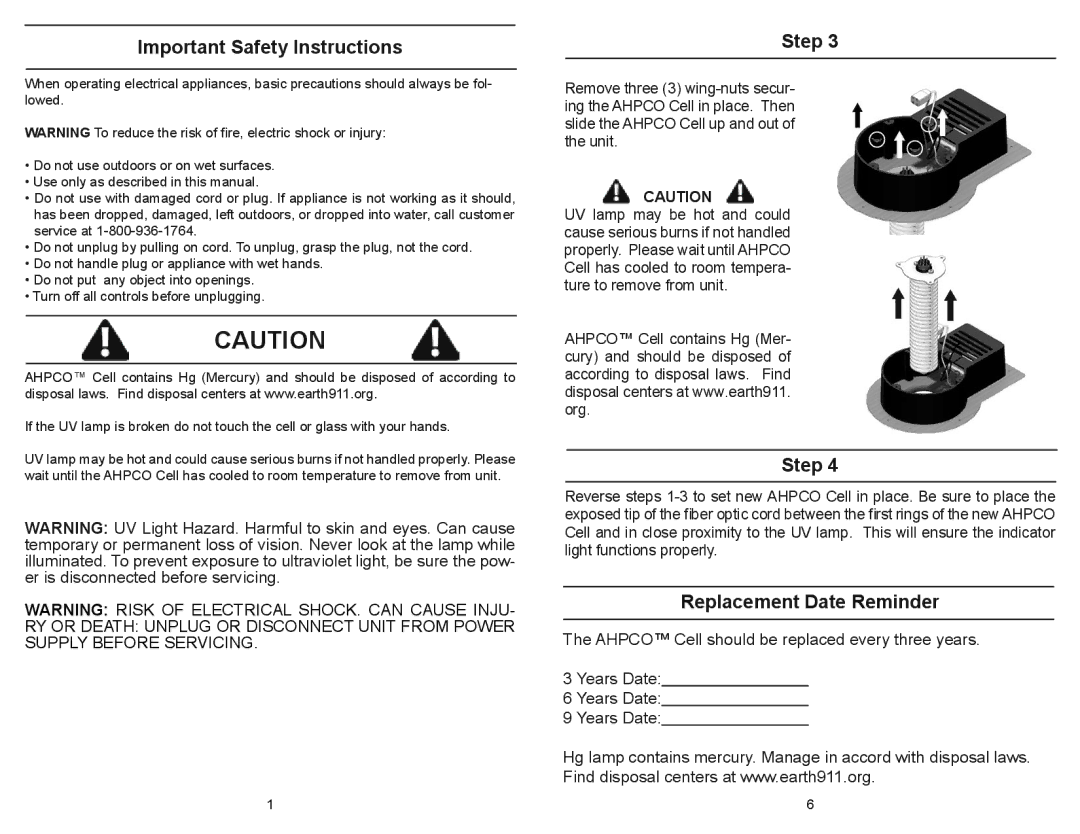 Air Oasis Induct 9 owner manual Important Safety Instructions, Step, Replacement Date Reminder 