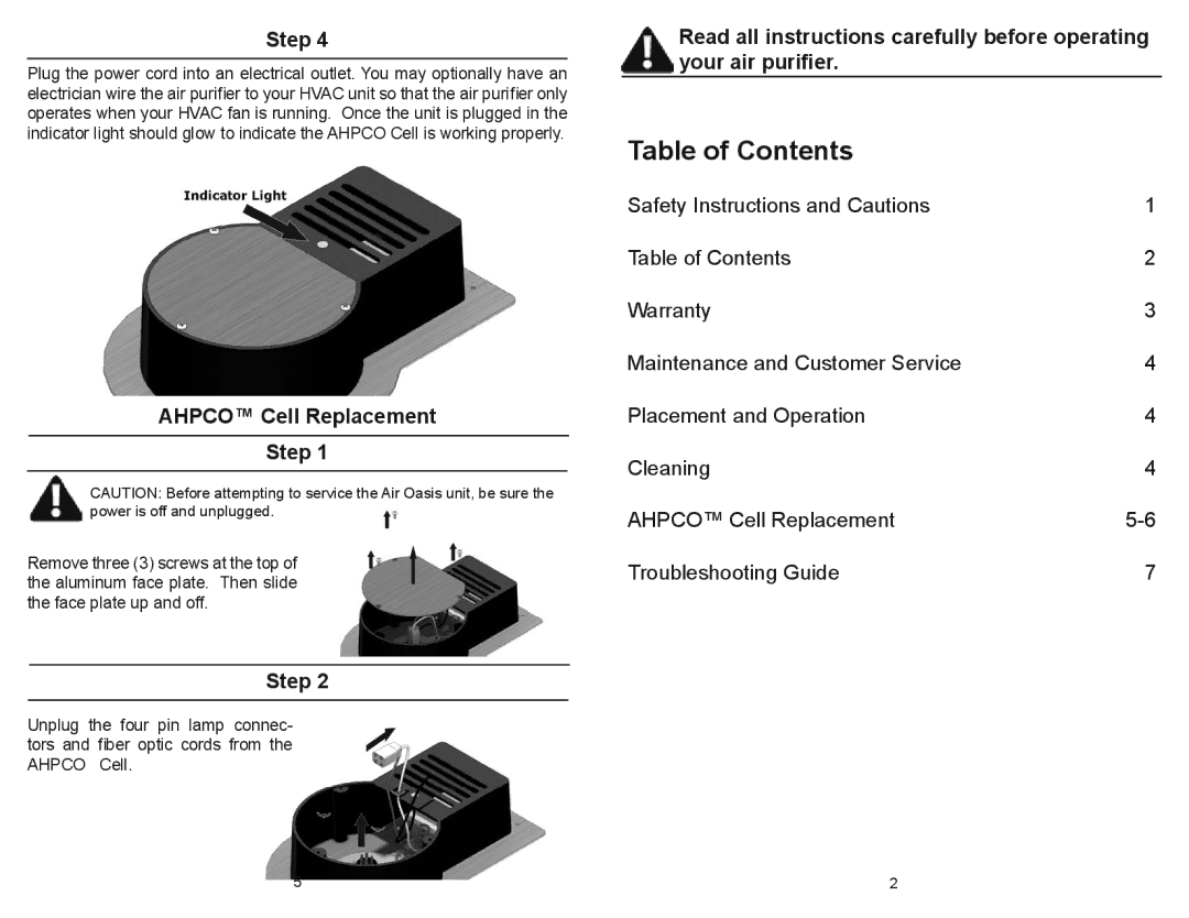 Air Oasis Induct 9 owner manual Table of Contents 