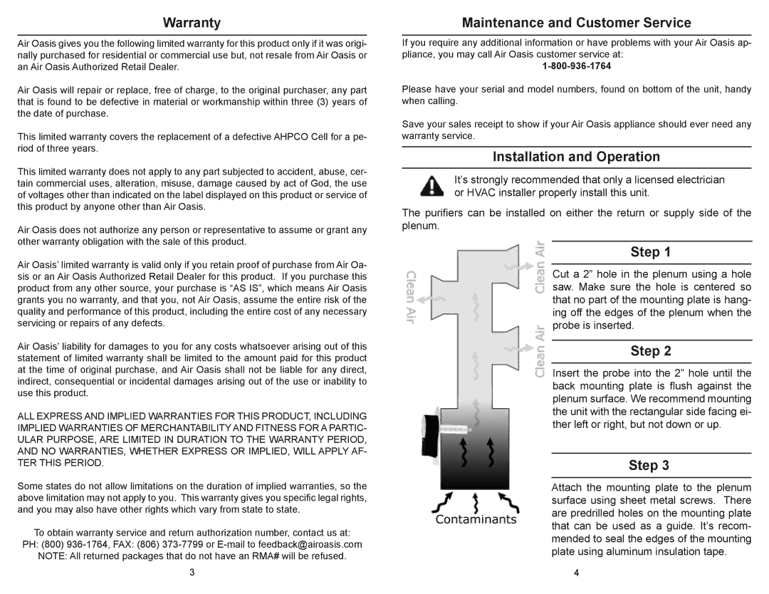 Air Oasis Induct 9 owner manual Warranty, Maintenance and Customer Service, Installation and Operation 