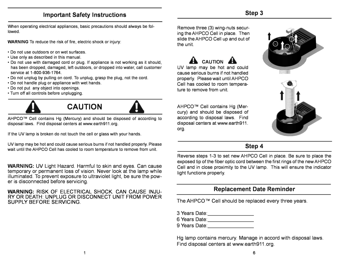 Air Oasis Induct 9 owner manual Important Safety Instructions, Step, Replacement Date Reminder, Years Date 9 Years Date 