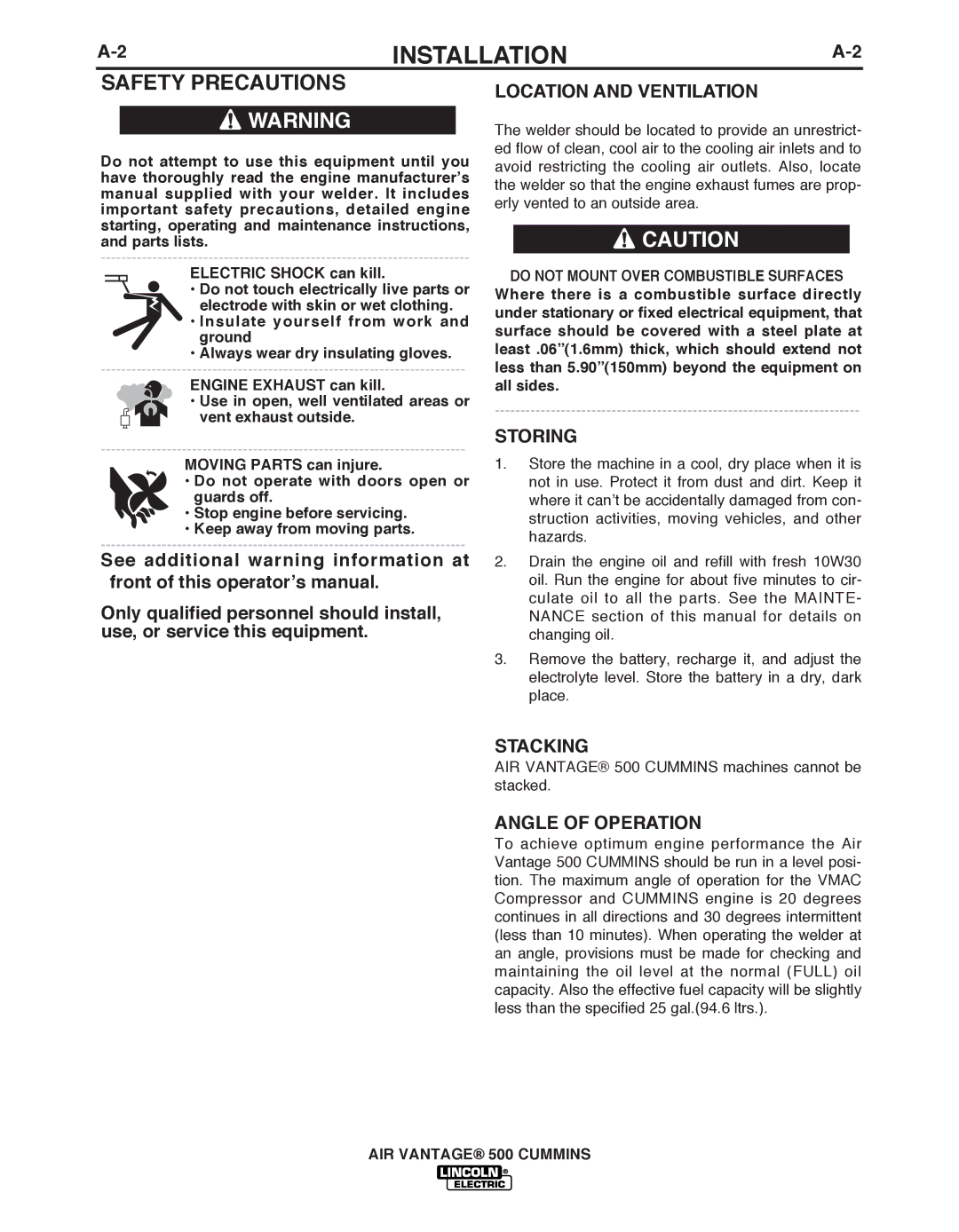 Air Vent Inc IM10065 manual Safety Precautions, Location and Ventilation, Storing, Stacking, Angle of Operation 