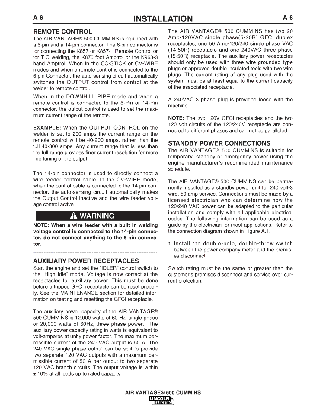 Air Vent Inc IM10065 manual Remote Control, Auxiliary Power Receptacles, STANDbY Power Connections 