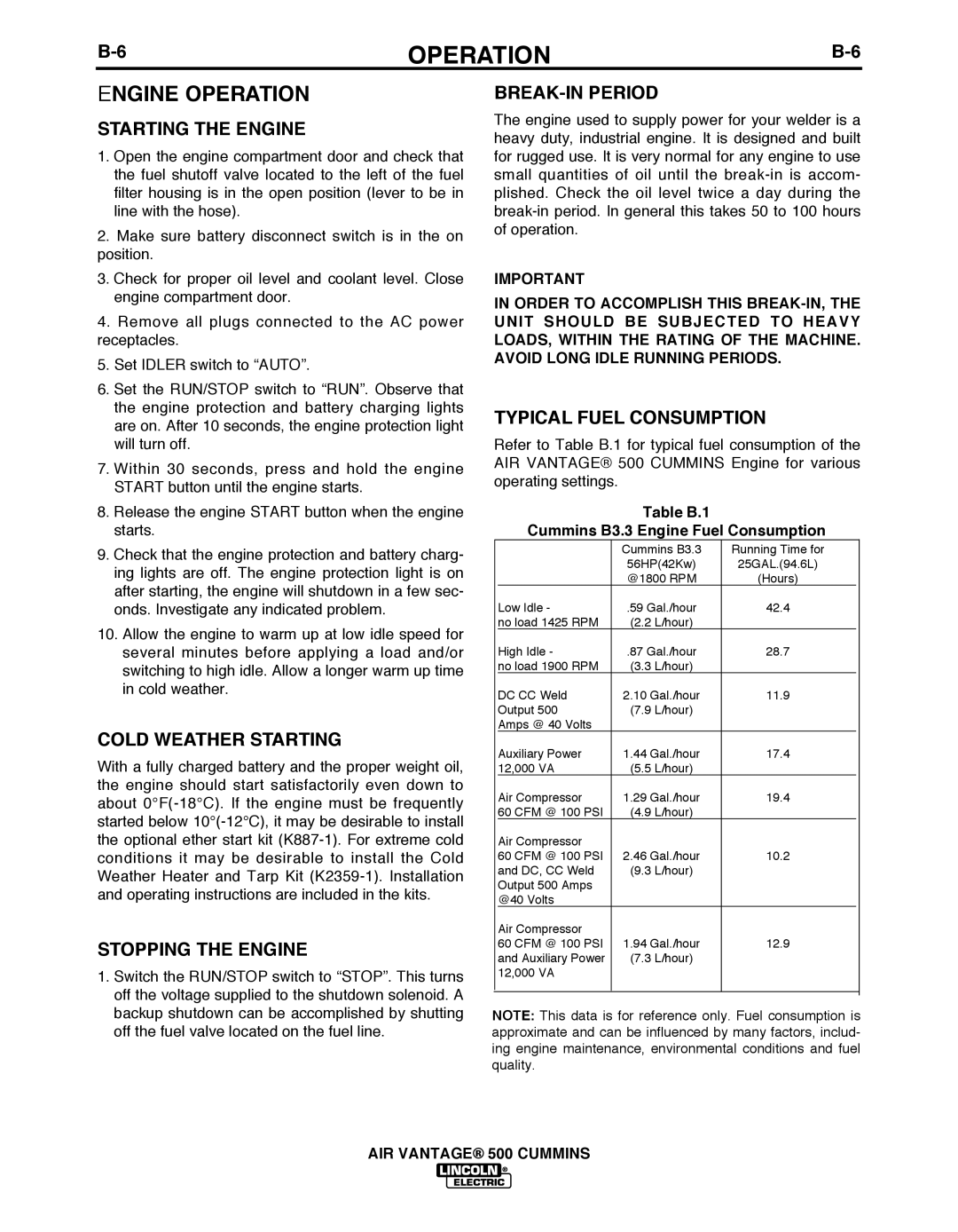 Air Vent Inc IM10065 manual Engine Operation, Starting the Engine, Cold Weather Starting, Stopping the Engine 