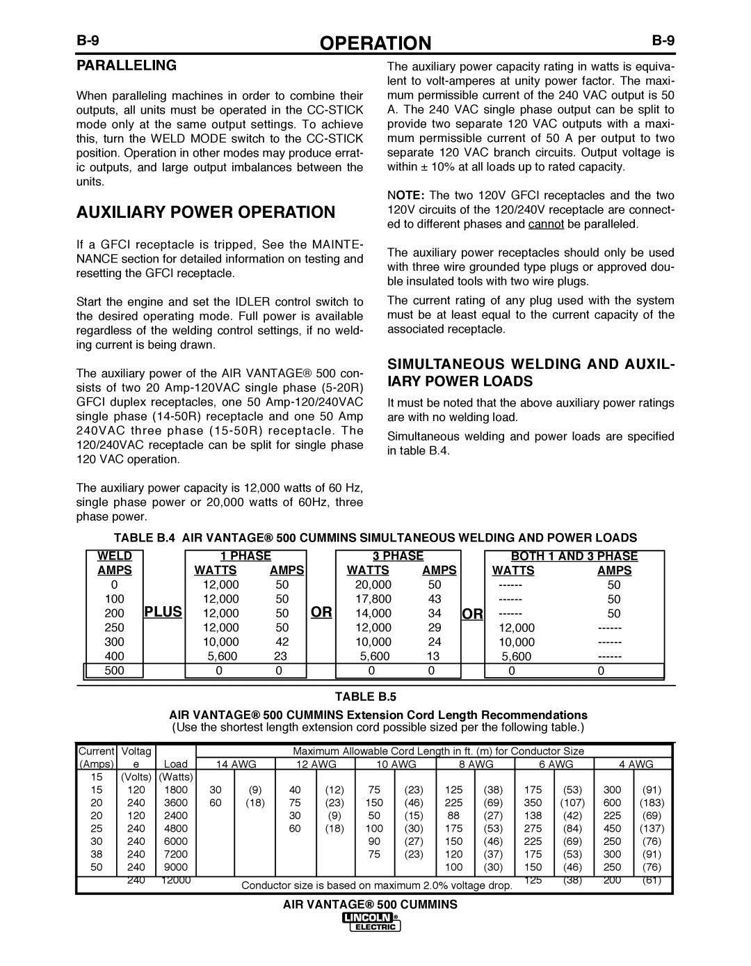 Air Vent Inc IM10065 manual Auxiliary Power Operation, Paralleling, Simultaneous Welding and AUXIL- Iary Power Loads, Plus 