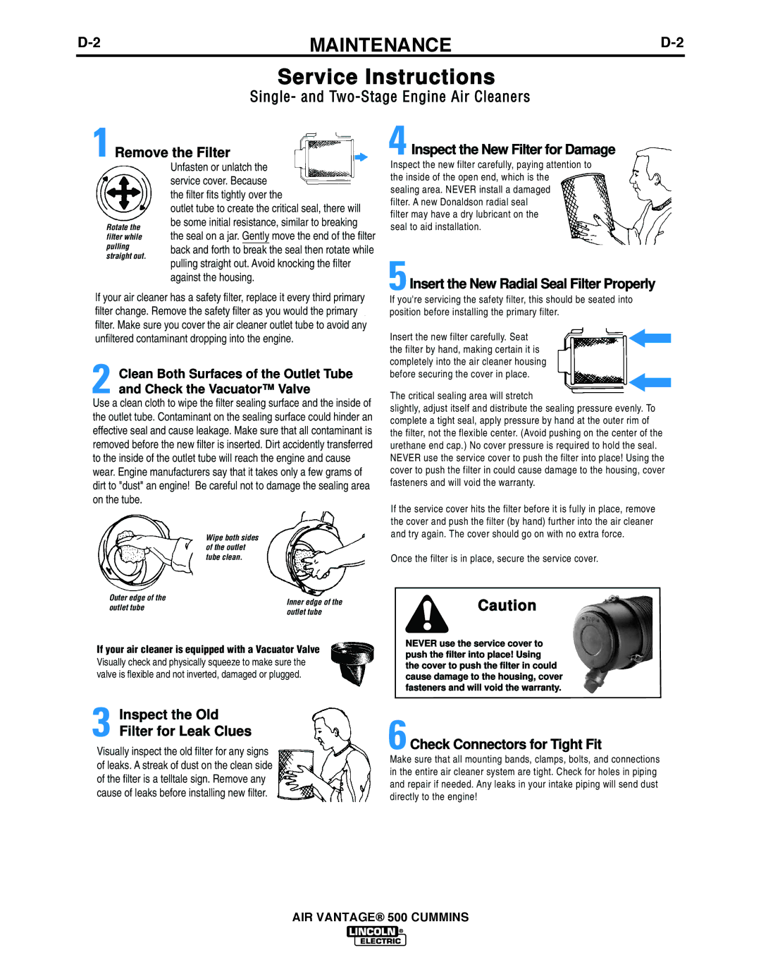 Air Vent Inc IM10065 manual Service Instructions, Single- and Two-StageEngine Air Cleaners 