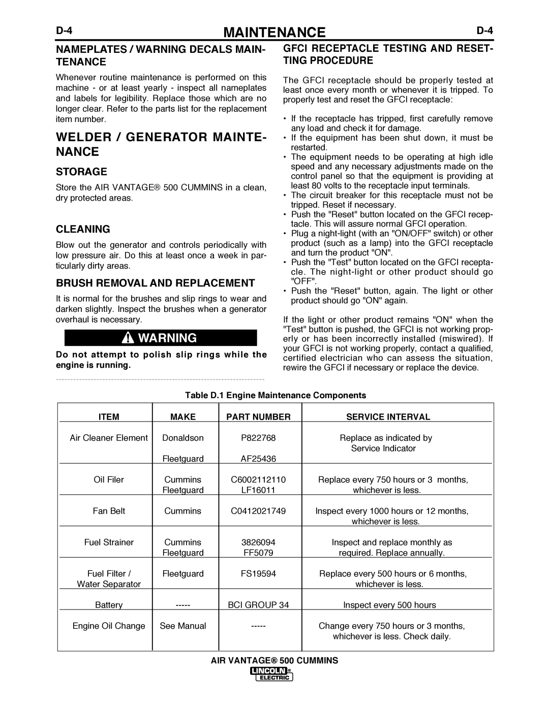 Air Vent Inc IM10065 manual Welder / Generator MAINTE- Nance, Nameplates / Warning Decals MAIN- Tenance, Storage, Cleaning 