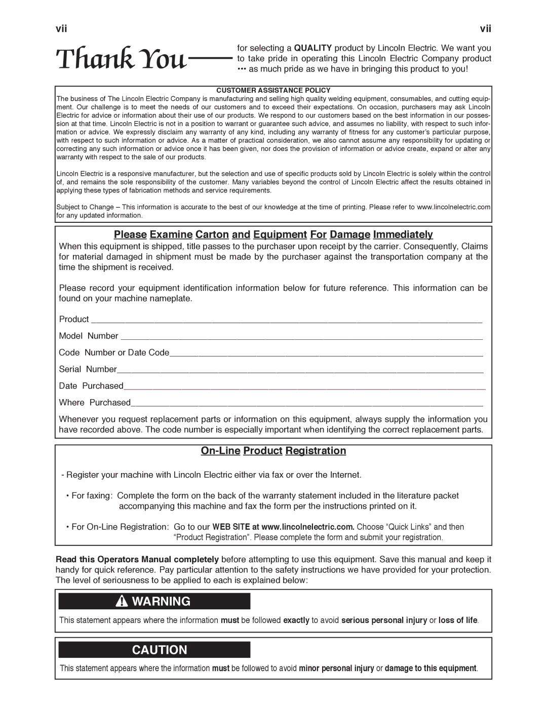 Air Vent Inc IM10065 manual Vii, Please Examine Carton and Equipment For Damage Immediately, On-Line Product Registration 