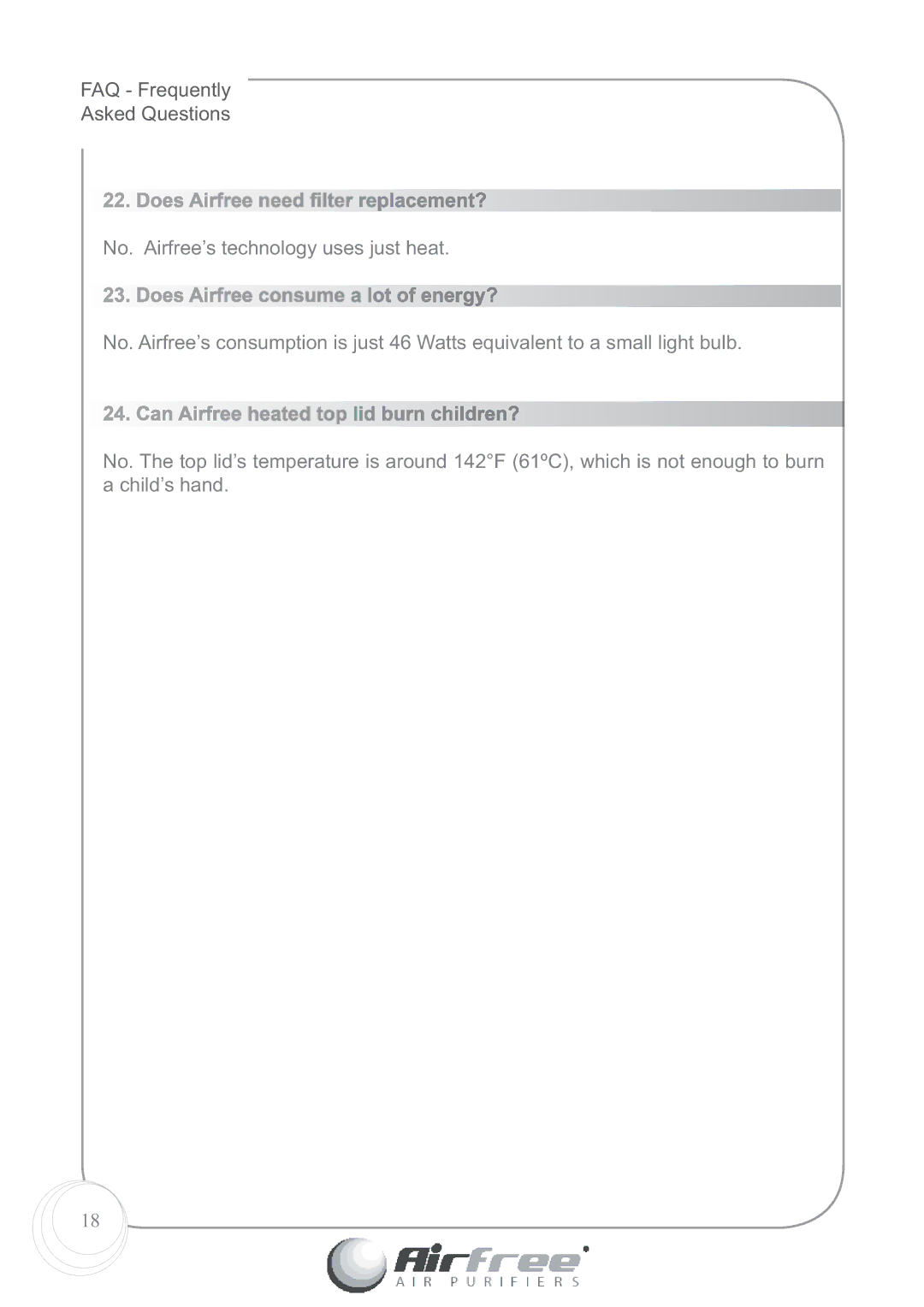 Airfree 60 instruction manual Does Airfree need ﬁlter replacement?, Does Airfree consume a lot of energy? 