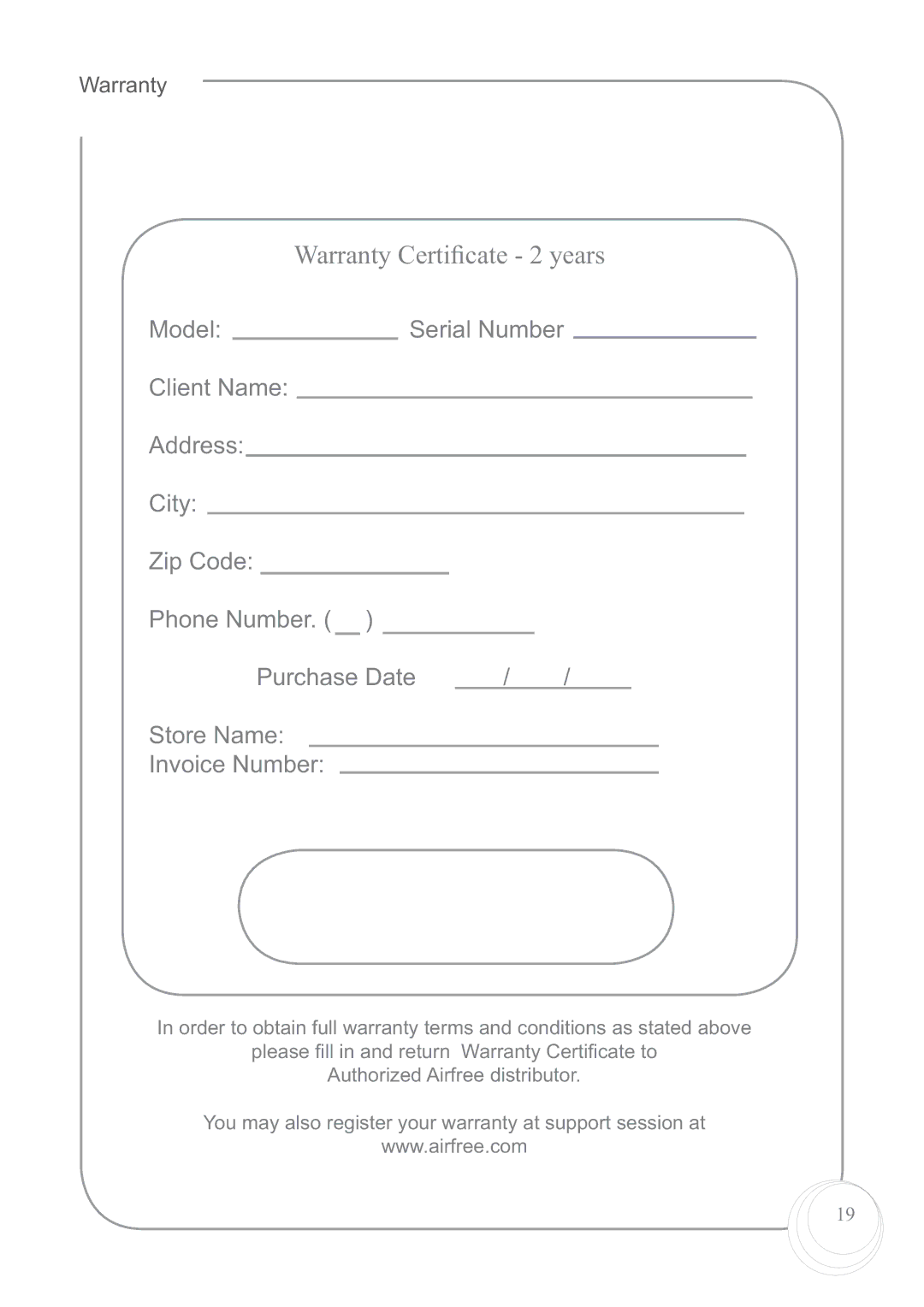 Airfree 60 instruction manual Warranty Certiﬁcate 2 years 