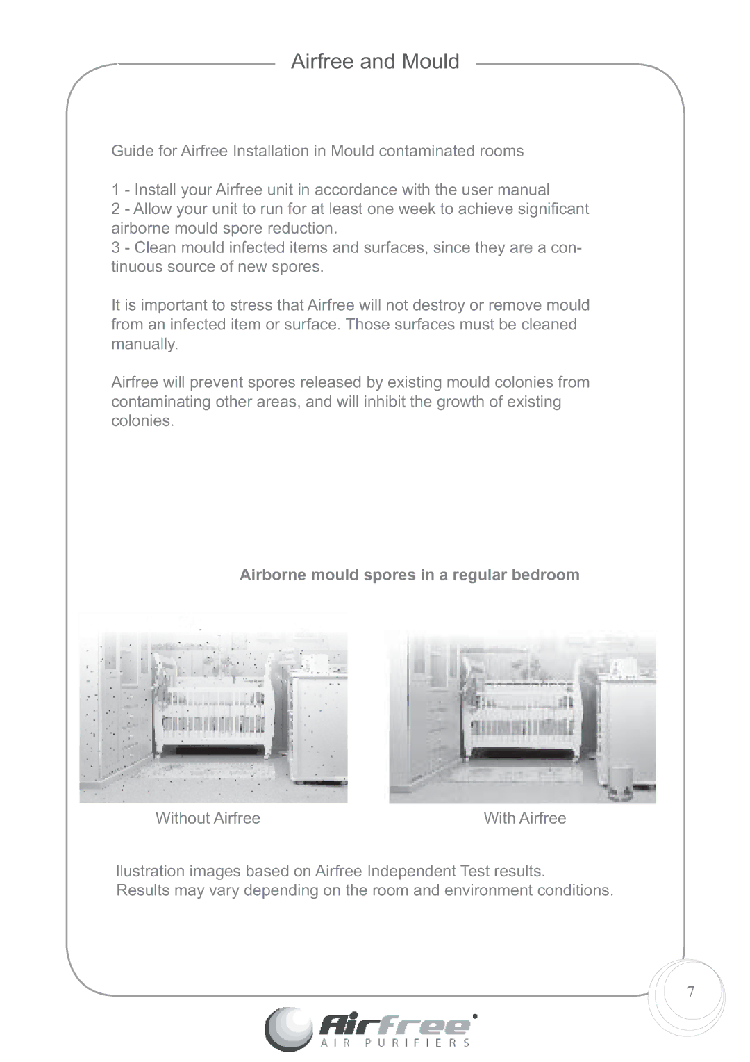 Airfree 60 instruction manual Airfree and Mould, Airborne mould spores in a regular bedroom 