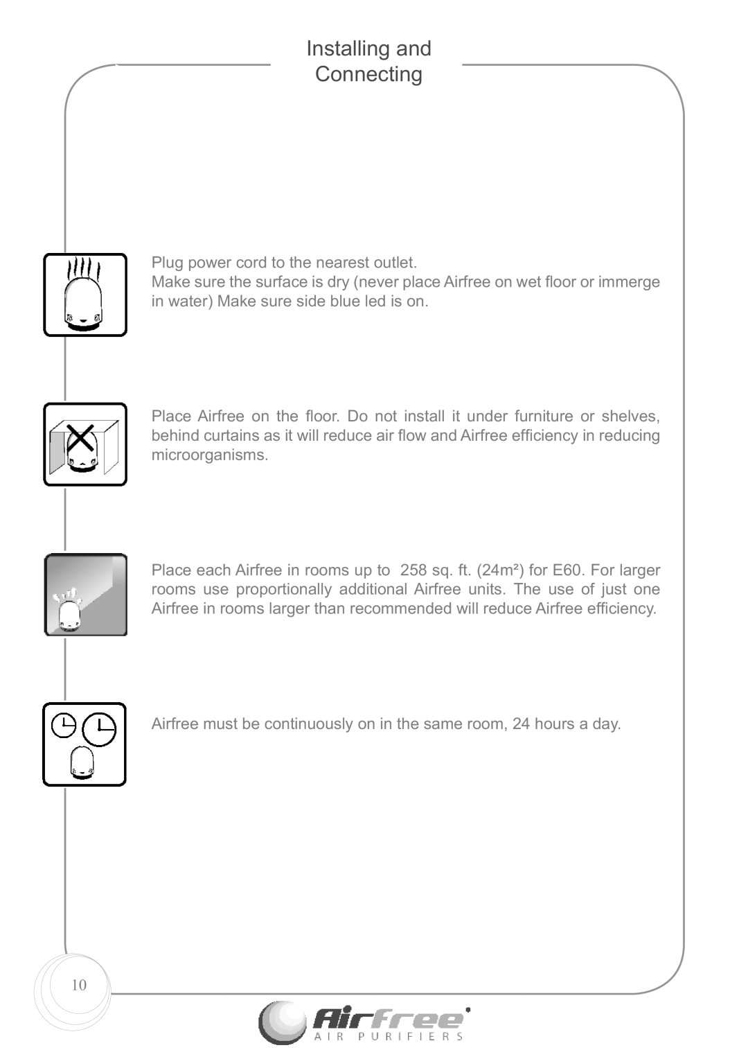 Airfree E60 instruction manual Installing Connecting 