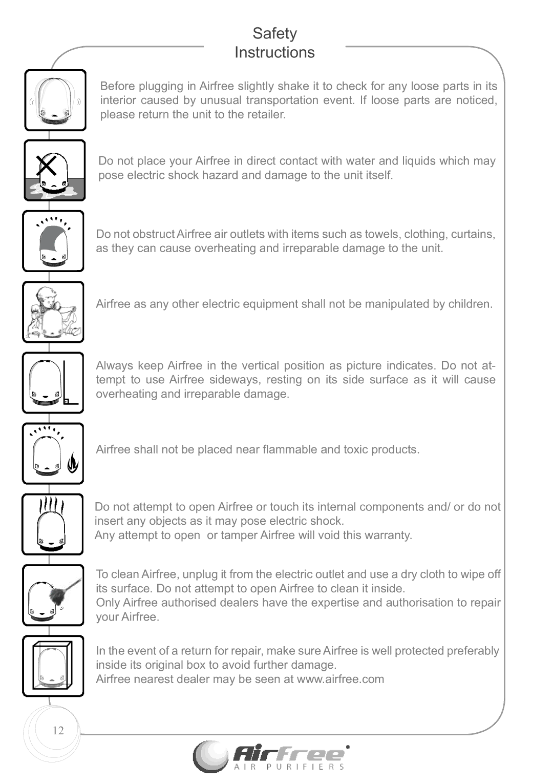 Airfree E60 instruction manual Safety Instructions 