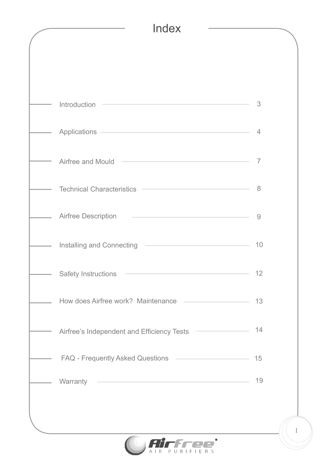 Airfree E60 instruction manual Index 