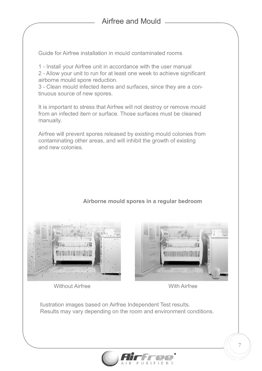 Airfree E60 instruction manual Airfree and Mould, Airborne mould spores in a regular bedroom 