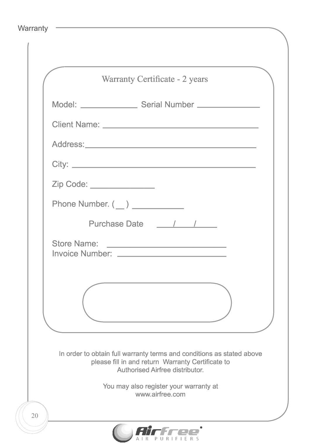 Airfree E60 Warranty Certiﬁcate - 2 years, Model, Serial Number, Client Name, Address, City, Zip Code, Phone Number 