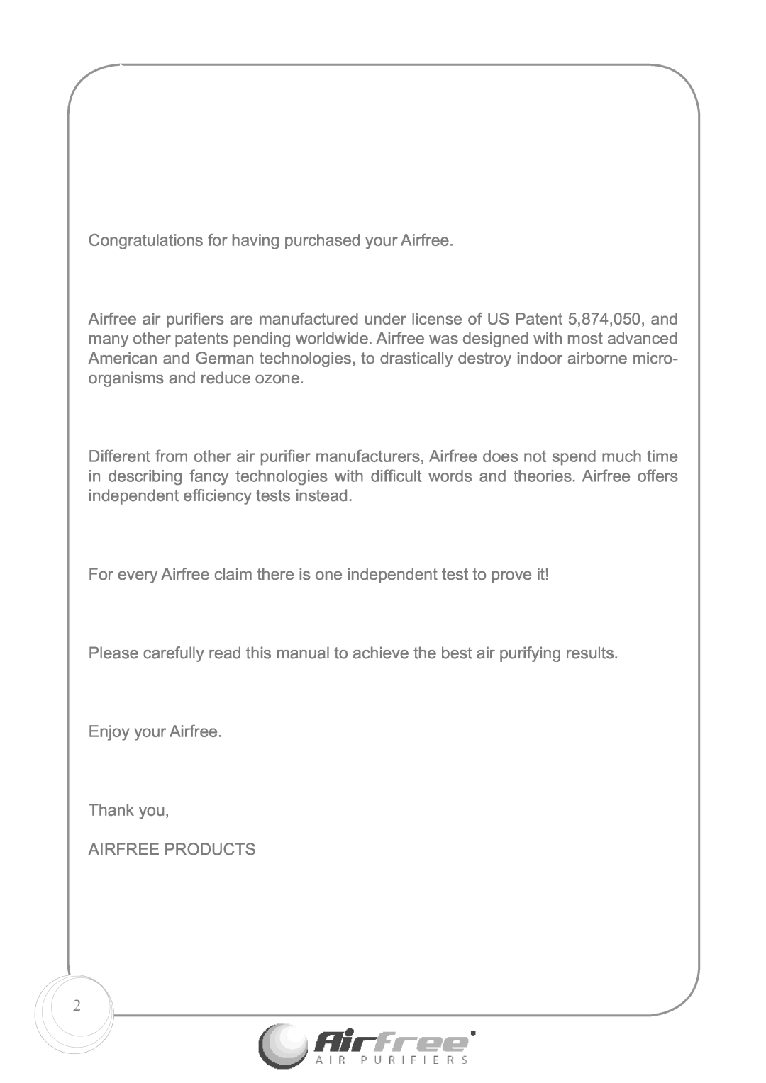 Airfree E60 instruction manual Congratulations for having purchased your Airfree 
