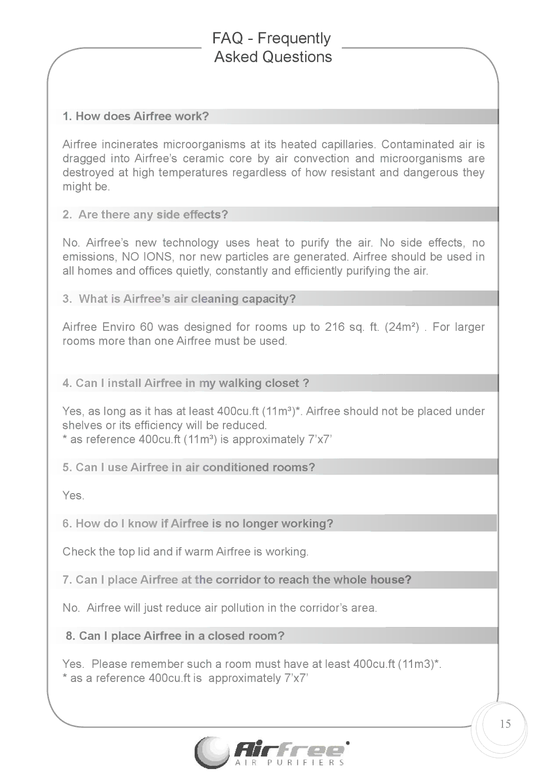 Airfree Enviro 60 instruction manual How does Airfree work?, Can I place Airfree in a closed room? 