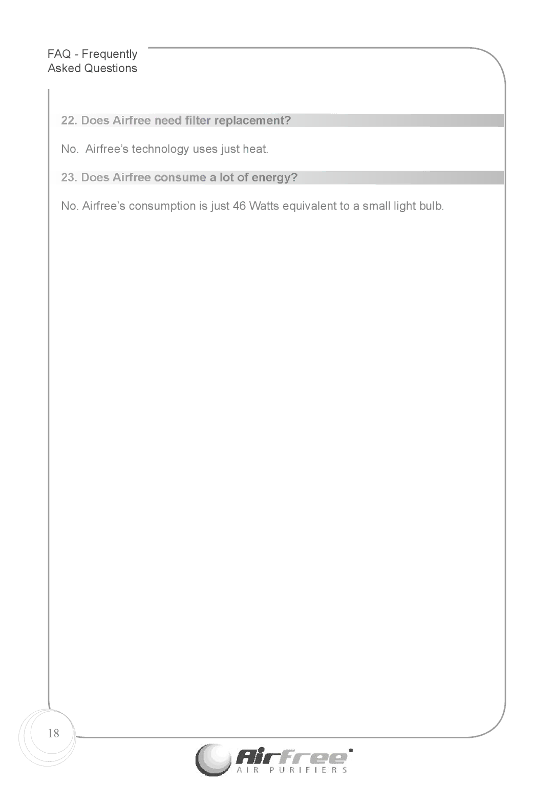 Airfree Enviro 60 instruction manual Does Airfree need ﬁlter replacement?, Does Airfree consume a lot of energy? 