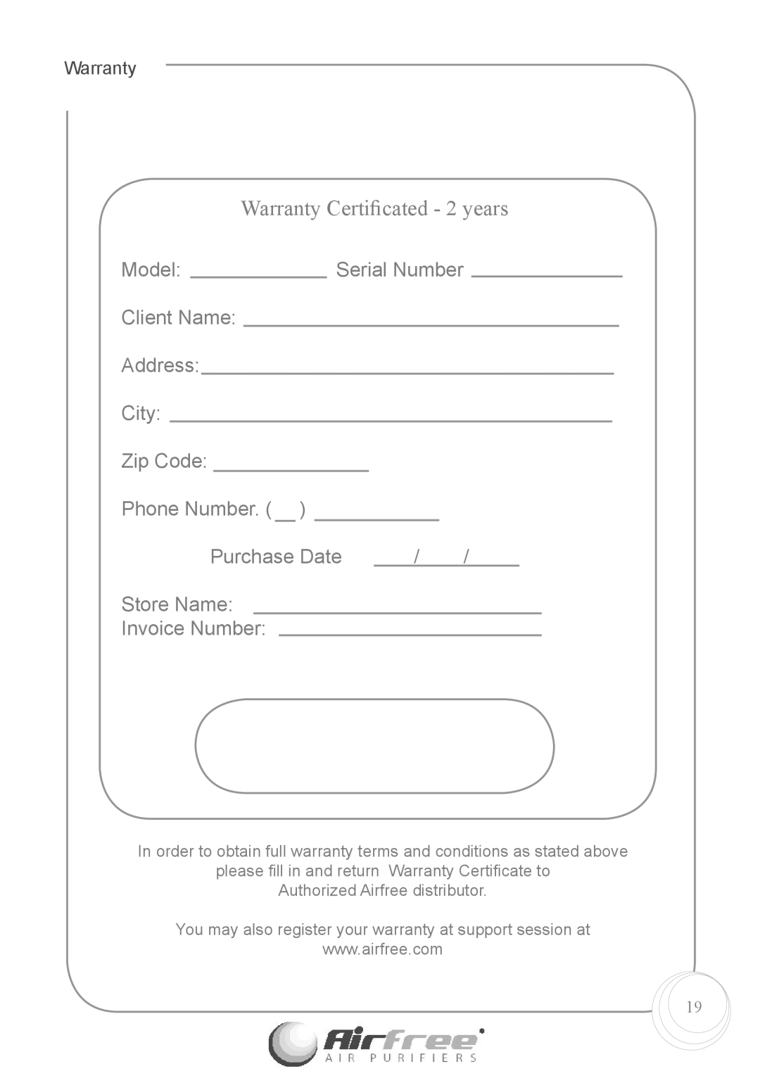 Airfree Enviro 60 instruction manual Warranty Certiﬁcated 2 years 