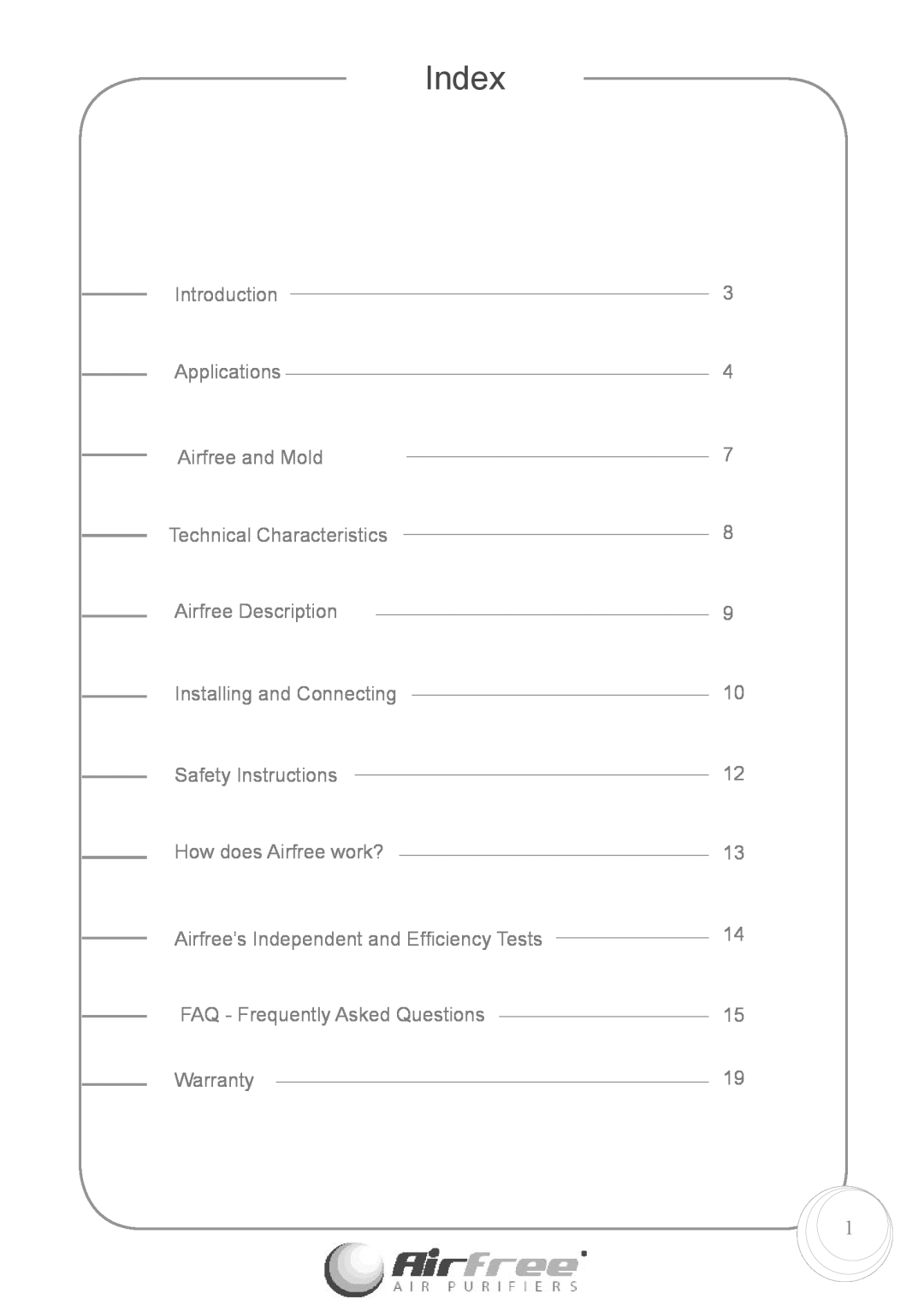 Airfree Enviro 60 instruction manual Index 
